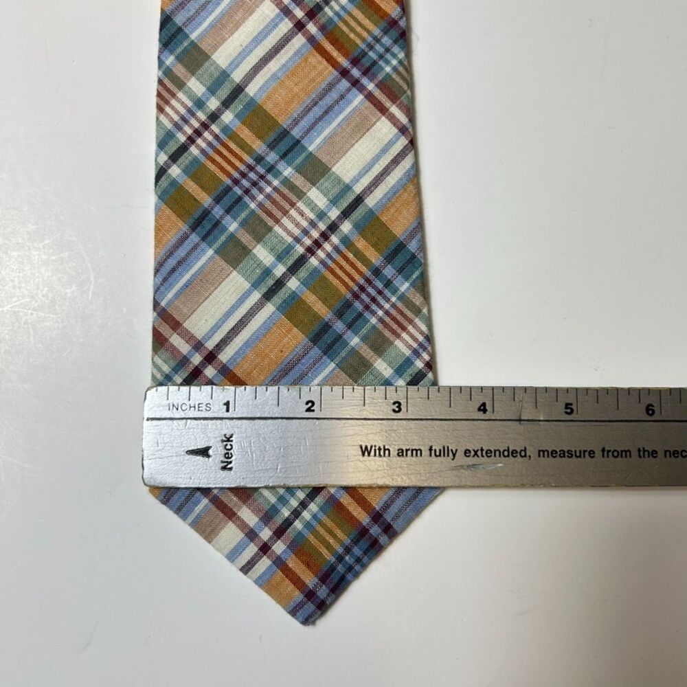 Vintage Guy Laroche Men's Brown Orange Blue Cotton Madras Plaid Tie - Picture 7 of 7
